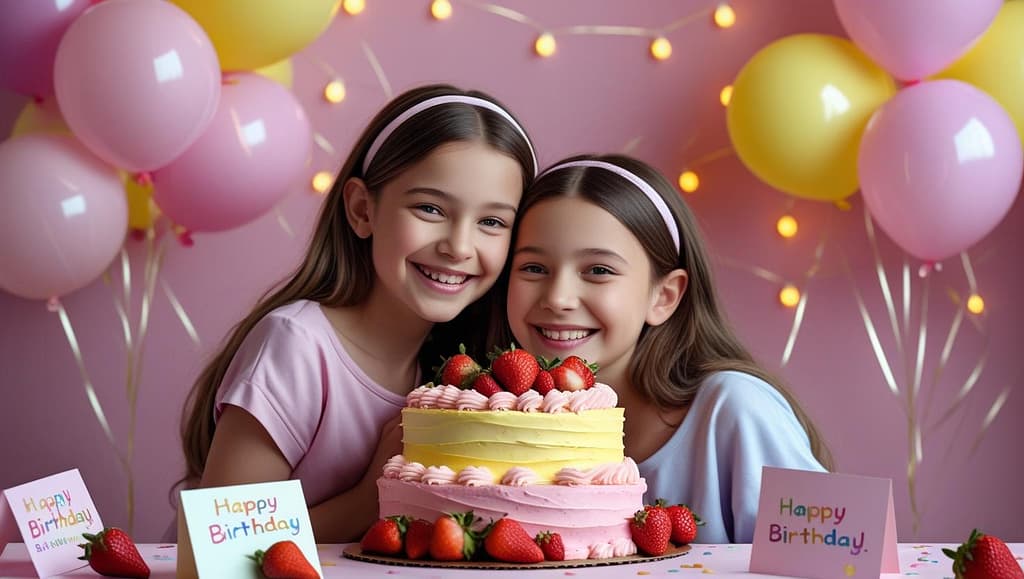 birthday messages for sister; A heartwarming birthday celebration between two sisters with cake, balloons, and handwritten cards in a pastel setting.