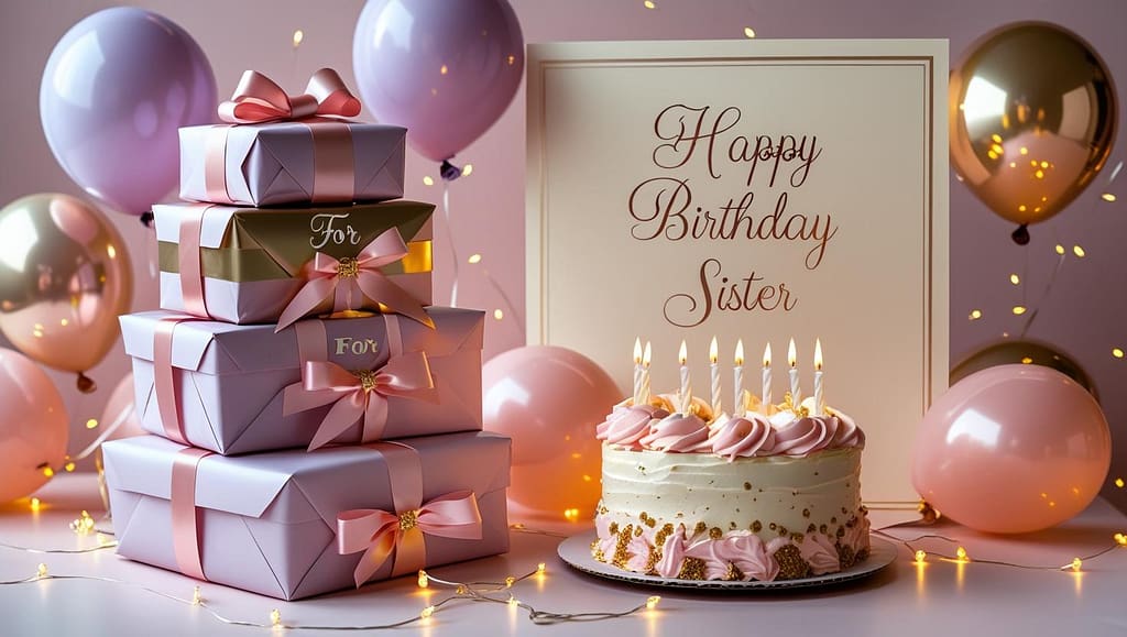 “Birthday gift ideas for sister with pastel balloons and wrapped gifts”