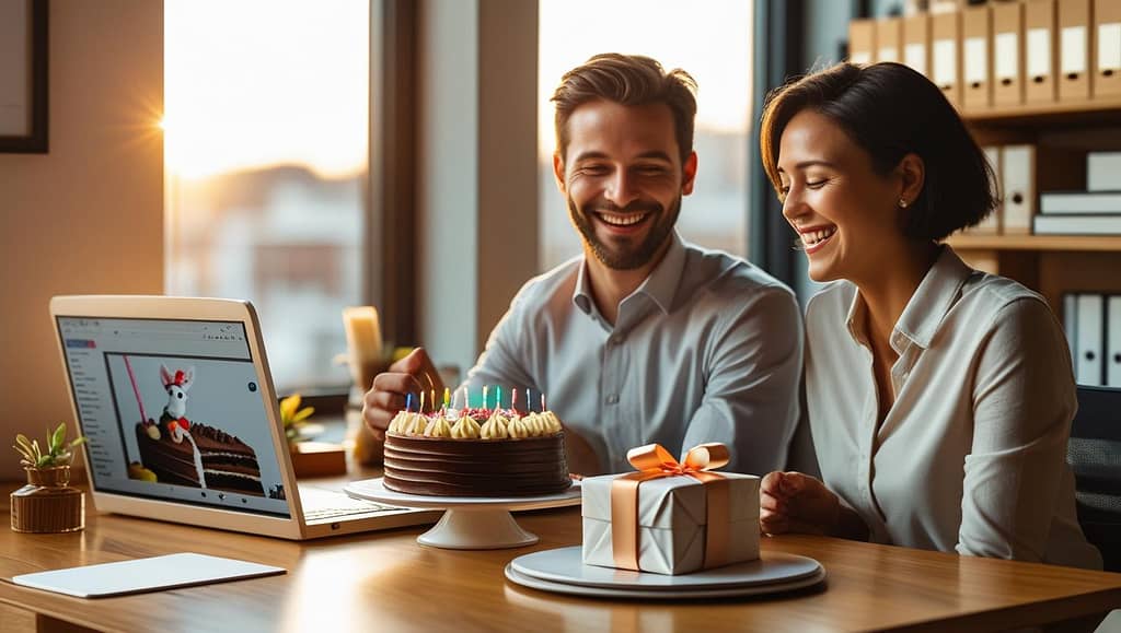 birthday wishes for a colleague: “Coworkers celebrating a birthday in the office with smiles and cake”