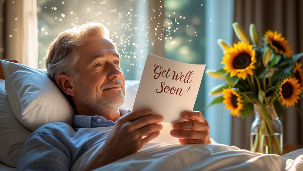 Person reading get well soon Messages card in bed