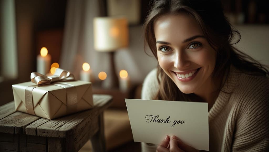 Person smiling while holding birthday gift – joyful reaction with expressive eyes – thank you messages for birthday gifts.