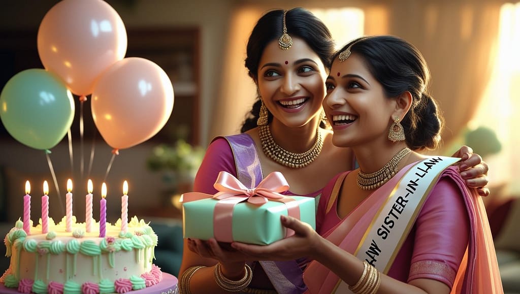 birthday wishes for sister-in-law; two Indian women joyfully embracing, looking at each other during a birthday celebration in a warmly lit home.